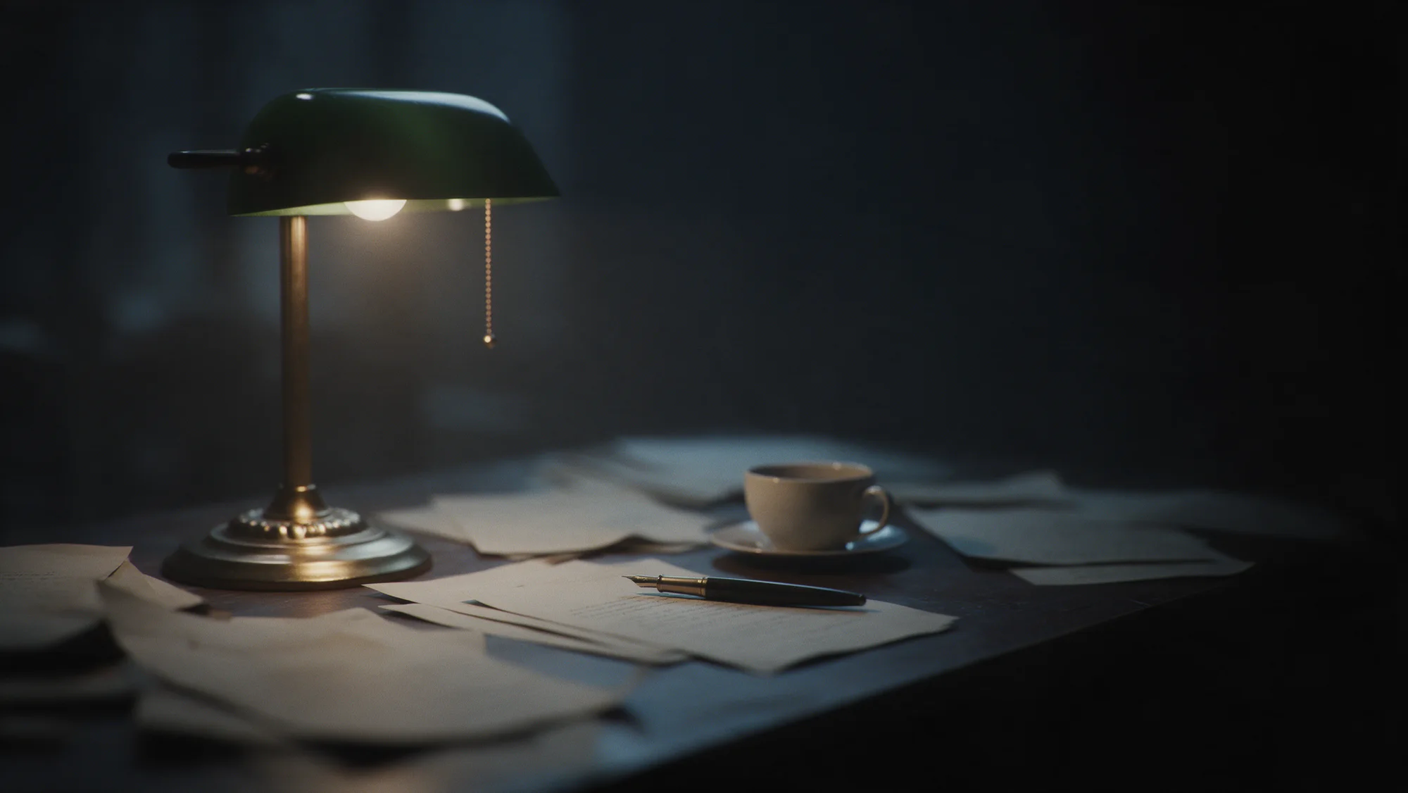 A writer's desk at night, a brass lamp over out-of-focus pages.