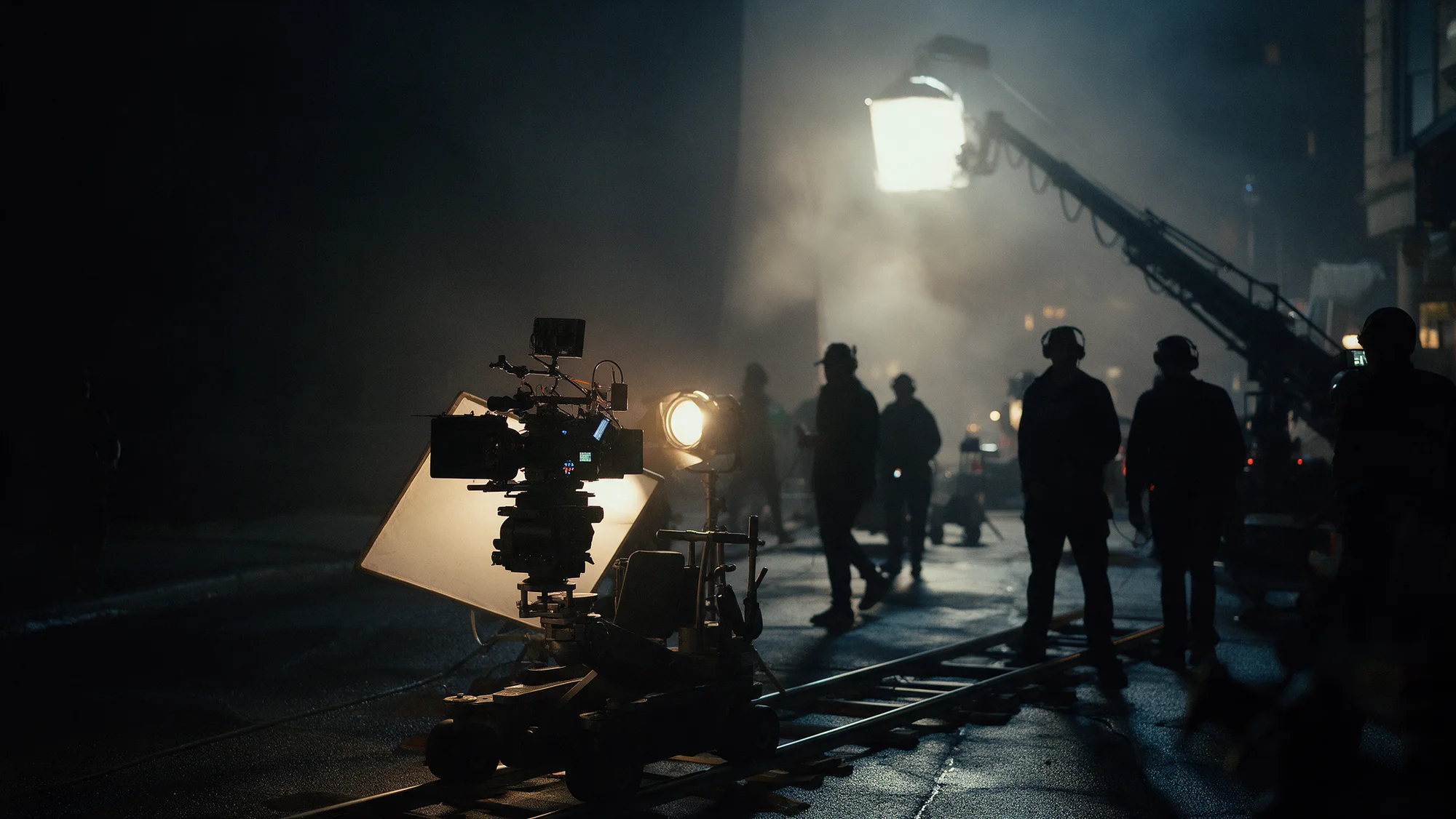 A night film set on a wet street: a crane light through haze, crew silhouettes, a camera on dolly track.
