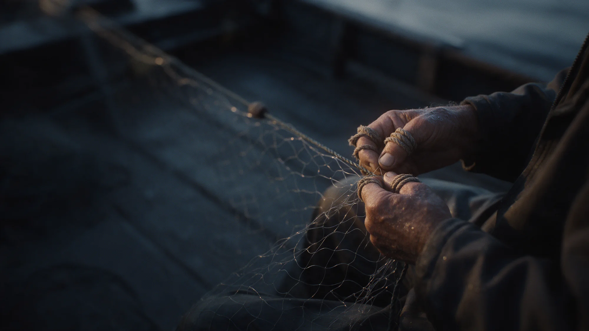 Weathered hands mend a fishing net at first light.