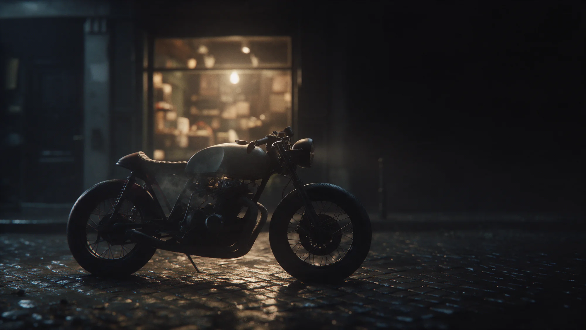 A vintage motorcycle on a rain-soaked cobbled street at night.