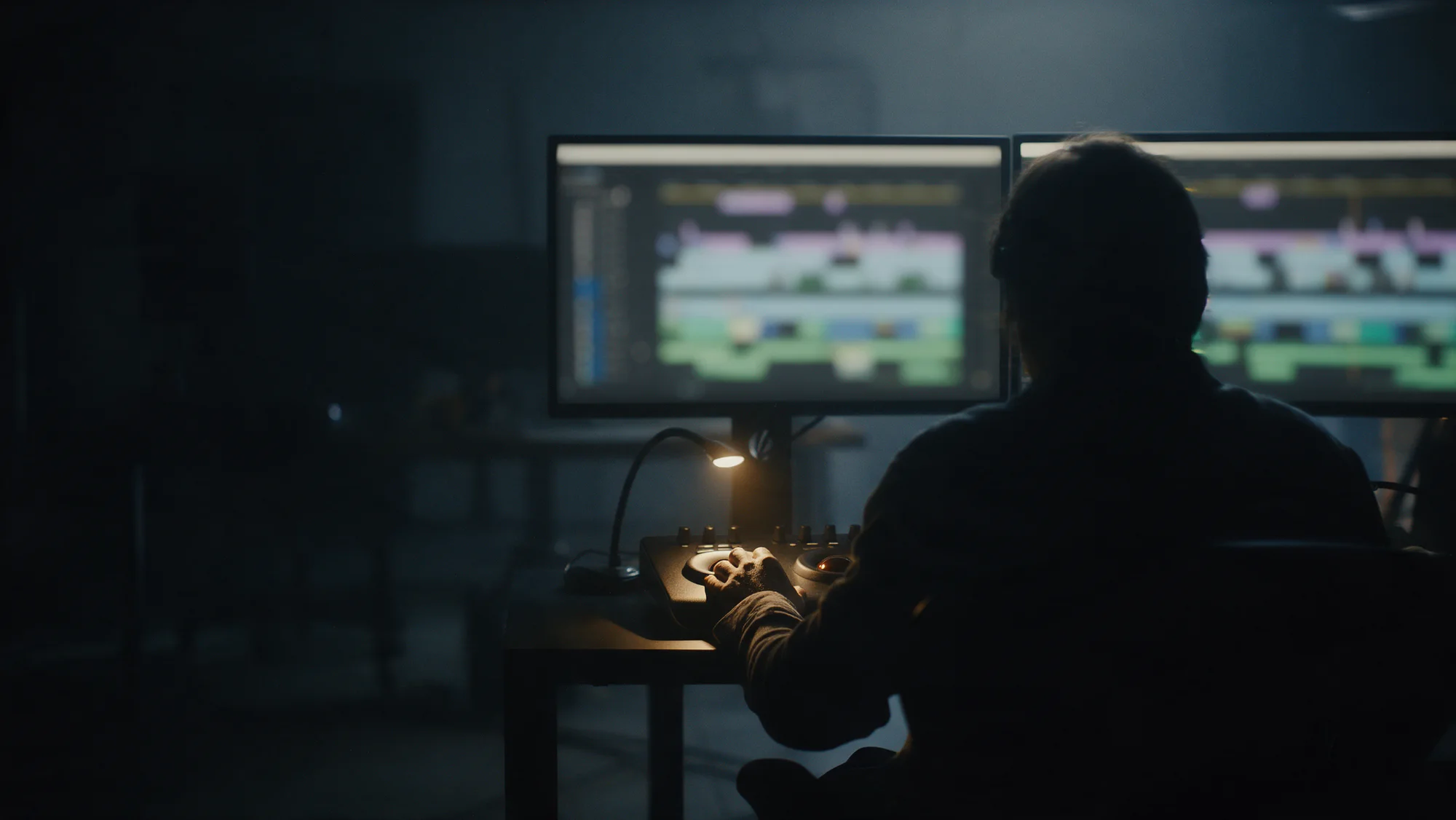 An editing suite in the dark: two glowing monitors, an editor's silhouette, a hand on a jog wheel.