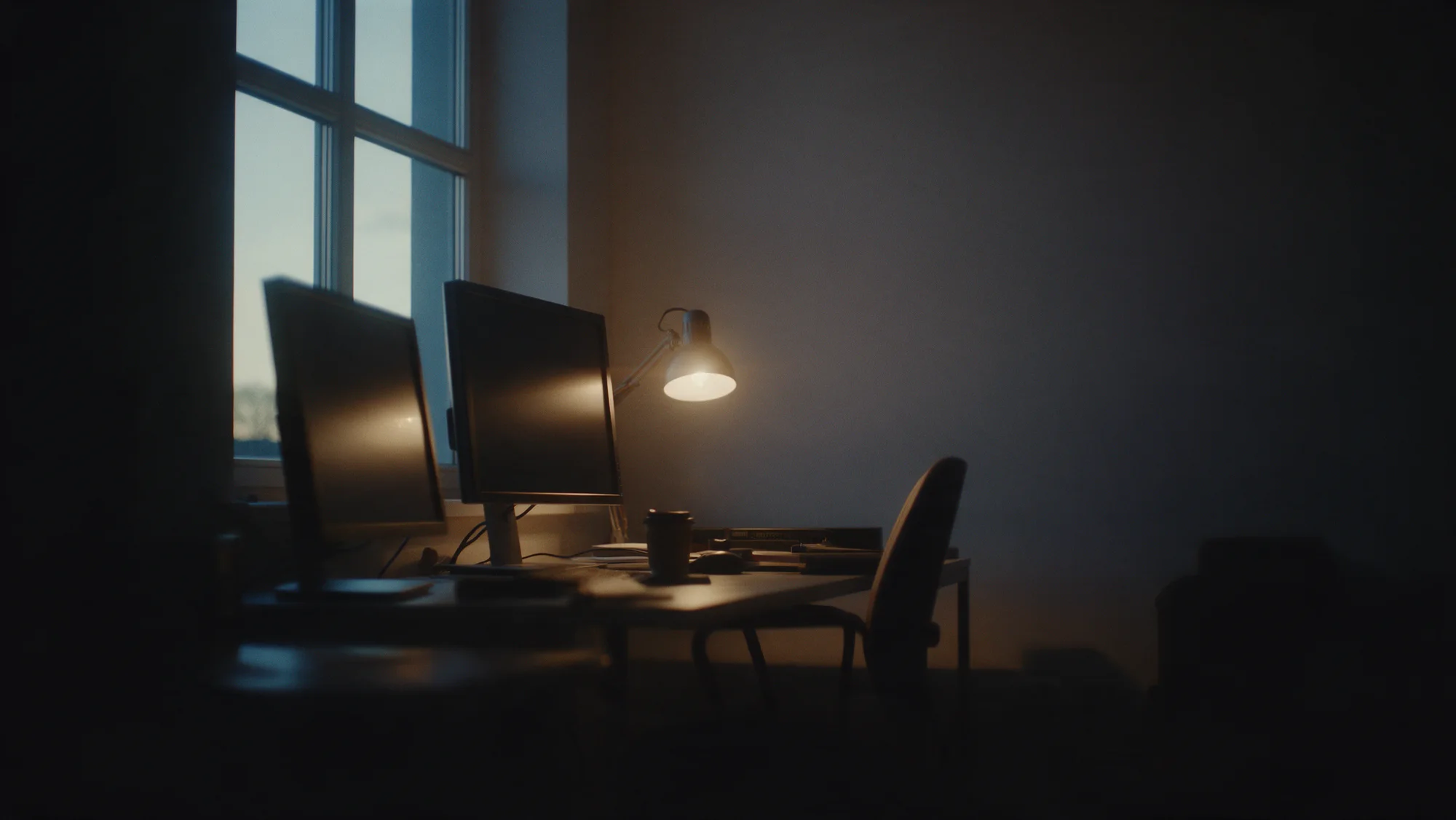 The editing suite at dawn, monitors off, an empty chair, cold light from the window.